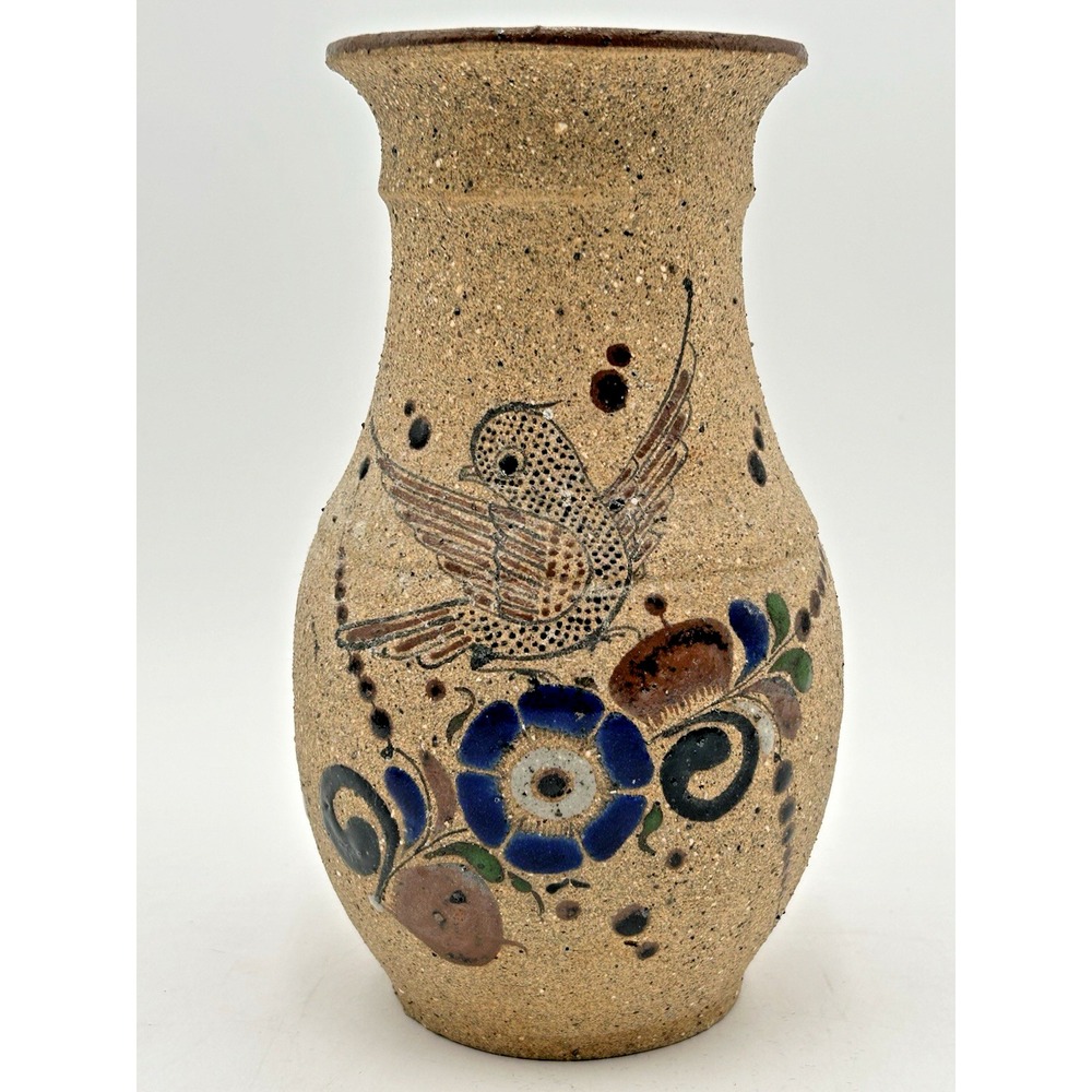 VTG Tonala Mexican Folkart Sandstone Handcrafted Pottery Floral & Bird Vase 8"